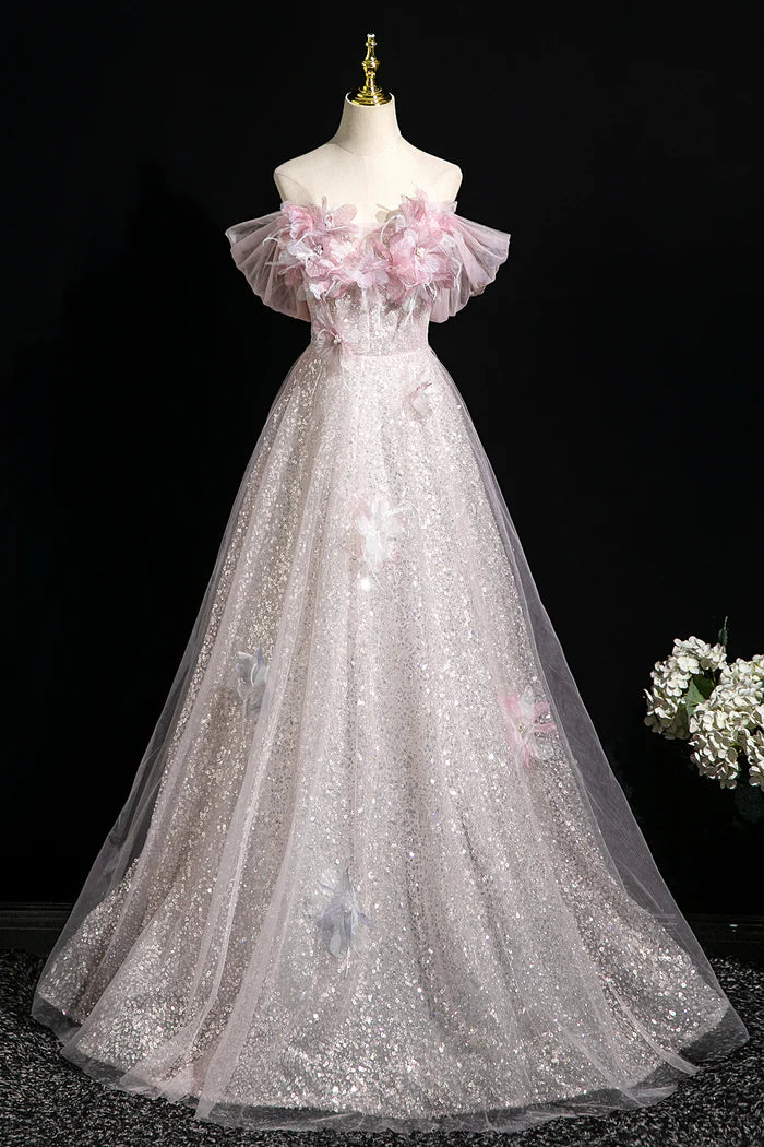 Pink Tulle Sequins Long Prom Dress, A-Line Off the Shoulder Party Dress